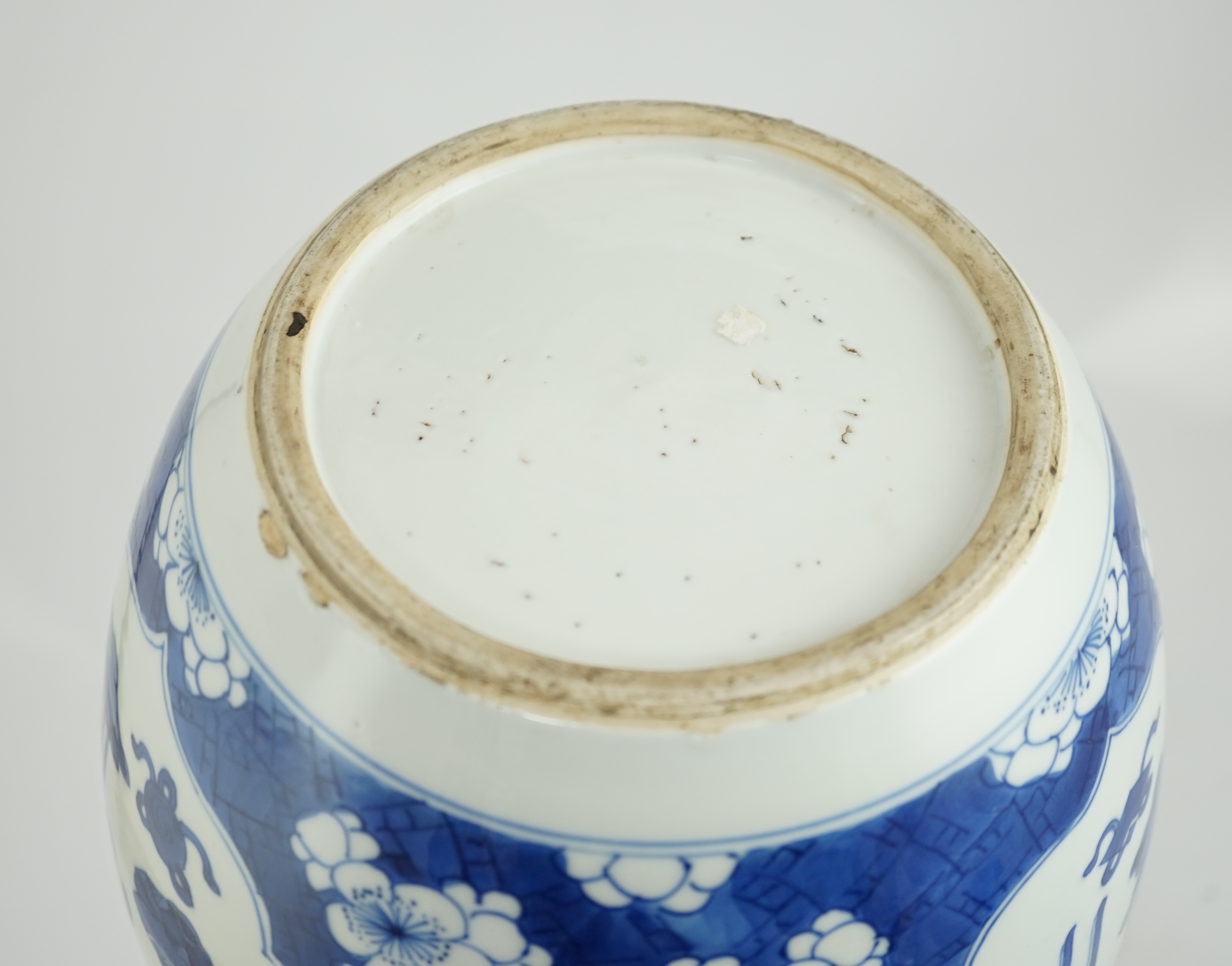 A Chinese blue and white ‘Antiques’ jar, Kangxi period, cracked